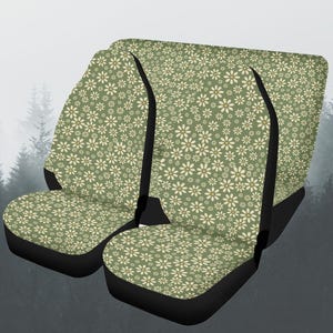 Boho Green Daisy Car Seat Covers Full Set, Retro Floral Front And Back Seat Covers For Vehicle, Steering Wheel Cover, Car Decor Gift