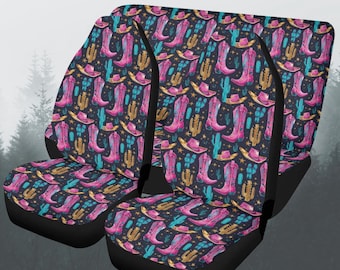 Cowgirl Boots Car Seat Covers Full Set, Western Theme Front And Back Seat Covers For Vehicle, Steering Wheel Cover, Car Decor Gift