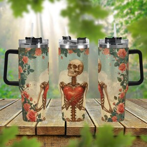 Retro Skeleton Heart 40oz Stainless Steel Tumbler With Handle Lid and Straw, Floral Valentine Drink Cup, Travel Tumbler, Funny Tumbler Gift