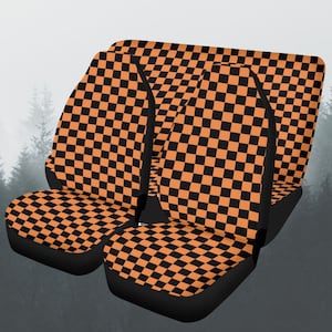 Black and Orange Checkered Car Seat Covers Full Set, Checkerboard Front And Back Seat Covers For Vehicle, Steering Wheel Cover, Car Gift