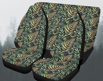 Fern Leaf Forest Car Seat Covers Full Set, Witchy Botanical Jungle Front And Back Seat Covers For Vehicle, Steering Wheel Cover, Car Gift