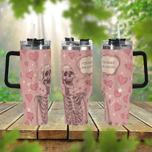 Cute Skeleton 40oz Stainless Steel Tumbler With Handle Lid and Straw, Funny Valentine Drink Cup, Coffee Travel Tumbler Gift