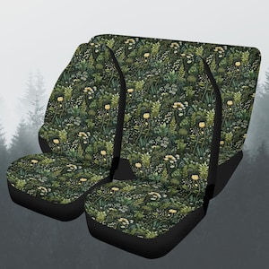Green Forest Car Seat Covers Full Set, Wild Floral Nature Front And Back Seat Covers For Vehicle, Steering Wheel Cover, Car Decor Gift