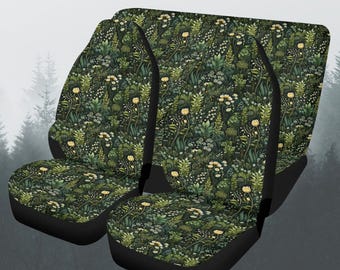 Juego completo de fundas para asientos de coche con diseño de bosque verde, con motivos florales silvestres, fundas para asientos delanteros y traseros, funda para volante, regalo decorativo para coche.