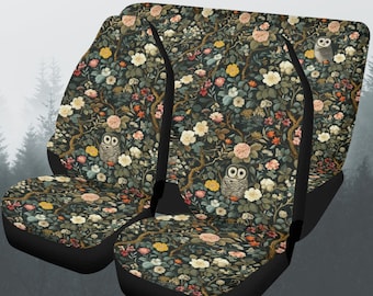 Owl Forest Car Seat Covers Full Set, Boho Wildlife Bird Floral Front And Back Seat Covers For Vehicle, Steering Wheel Cover, Car Gift