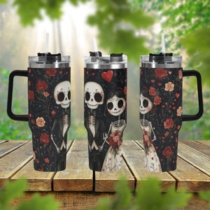 Gothic Skeleton Bride Groom 40oz Stainless Steel Tumbler With Handle Lid and Straw, Funny Valentine Drink Cup, Coffee Travel Tumbler Gift