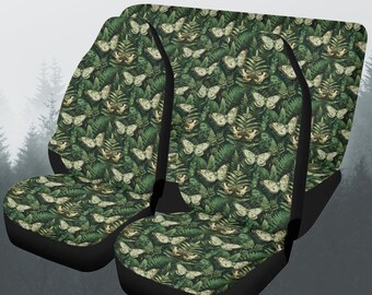 Dark Fern Moth Forest Car Seat Covers Full Set, Witchy Boho Front And Back Seat Covers For Vehicle, Steering Wheel Cover, Car Decor Gift