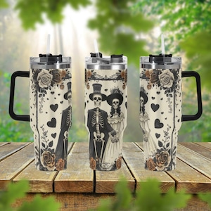 Gothic Skeleton Bride Groom 40oz Stainless Steel Tumbler With Handle Lid and Straw, Funny Valentine Drink Cup, Coffee Travel Tumbler Gift