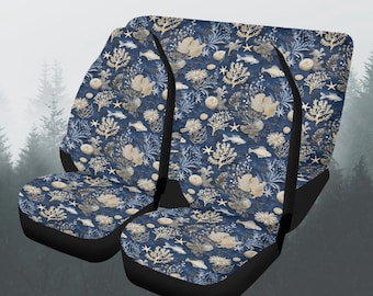 Retro Blue Sea Marine Car Seat Cover Full Set, Nautical Front And Back Seat Covers For Vehicle, Steering Wheel Cover, Car Decor Gift
