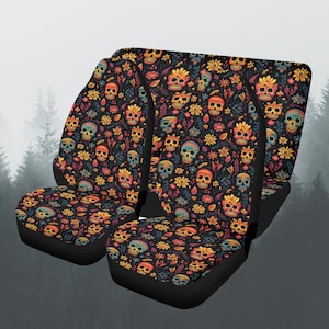 Sugar Skull Floral Car Seat Covers Full Set, Dia De Los Muertos Front And Back Seat Covers For Vehicle, Steering Wheel Cover, Car Decor Gift