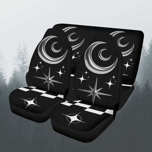 Y2K Moon And Stars Car Seat Covers Full Set, Crescent Moon Black Front And Back Seat Covers, Fun Futuristic Car Accessories, Car Decor Gift