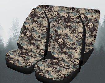 Spooky Ghost Skeleton Car Seat Covers Full Set, Grunge Horror Halloween Front And Back Seat Covers, Steering Wheel Cover, Car Decor Gift
