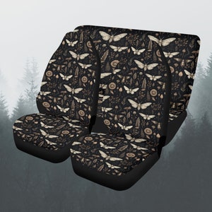 Vintage Witchy Forest Car Seat Covers Full Set, Gothic Moth Front And Back Seat Covers For Vehicle, Steering Wheel Cover, Car Decor Gift