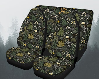 Forest Green Cottagecore Car Seat Covers Full Set, Nature Front And Back Seat Covers For Vehicle, Steering Wheel Cover, Car Decor Gift