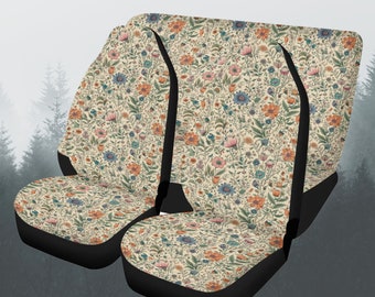 Wildflowers Car Seat Covers Full Set, Neutral Tone Floral Front and Back Seat Covers, Steering Wheel Cover, Car Gift