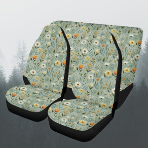 Cottagecore Sage Green Floral Car Seat Covers Full Set, Nature Flower Front And Back Seat Cover For Woman, Steering Wheel Cover, Car Gift