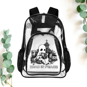 Funny Halloween 17&quot; Heavy Duty Clear Backpack, Ghost Book Lover Waterproof School Bookbag, Handy Transparent Bag For Concerts, Travel Gift