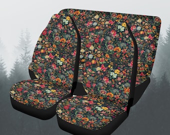 Retro Hippie Flowers Car Seat Cover Full Set, Cottagecore Floral Front And Back Seat Covers For Vehicle, Steering Wheel Cover, Car Gift