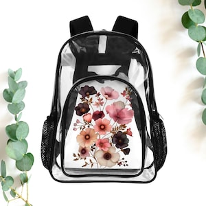 Cute Floral 17&quot; Heavy Duty Clear Backpack, Cottagecore Flowers Waterproof School Bookbag, Handy Transparent Bag For Concerts, Travel Gift
