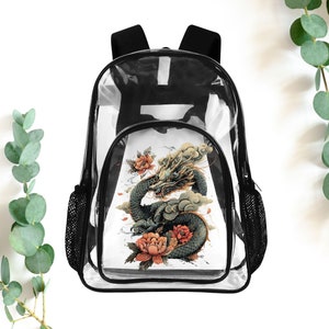 Retro Dragon Floral 17&quot; Heavy Duty Clear Backpack, Cottagecore Dragon Waterproof School Bookbag, Transparent Bag For Concerts, Travel Gift