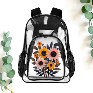 Retro Sunflower  17&quot; Heavy Duty Clear Backpack, Cottagecore Floral Waterproof School Bookbag, Cute Transparent Bag For Concerts, Travel Gift