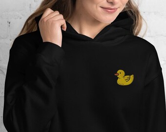Yellow Duck Embroidered Unisex Hoodie, Minimalist Cute Rubber Ducky Hooded Sweatshirt, Aesthetic Baby Duck Hoodie