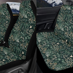 Vintage Green Forest Car Seat Cover Full Set, Cottagecore Floral Front And Back Seat Covers For Vehicle, Steering Wheel Cover, Car Gift