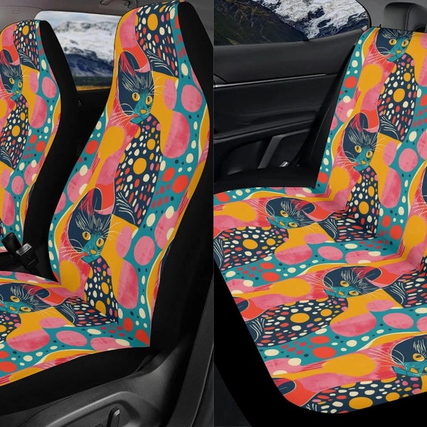 Kitschy Cat Retro Car Seat Cover Full Set, Funny Cat Vibrant Color Front And Back Seat Covers For Vehicle, Steering Wheel Cover, Car Gift