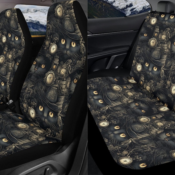 Steampunk Cat Car Seat Cover Sets Full Set, Spooky Goth Black Cat Front And Back Seat Covers For Vehicle, Steering Wheel Cover, Car Gift