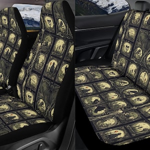 Vintage Style Spooky Halloween Car Seat Covers Full Set, Gothic Horror Front And Back Seat Covers For Vehicle, Steering Wheel Cover, Gift