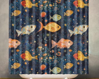 May include: A navy blue shower curtain featuring a repeating pattern of colorful fish in shades of yellow, orange, and blue. The fish are set against a background of stylized coral and other aquatic elements. The text "ZEN & SHAPE" is visible at the bottom.