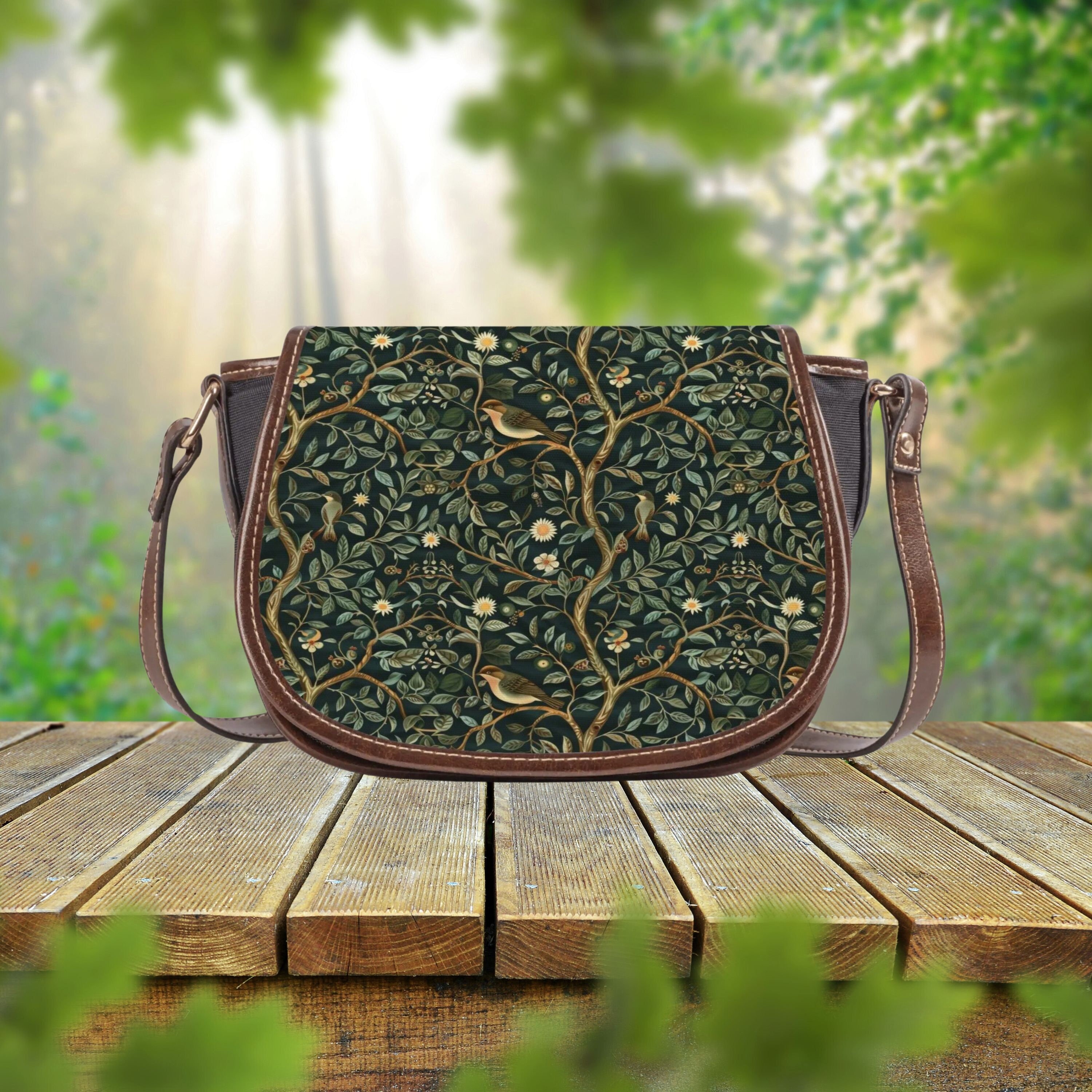 Bird Forest Saddle Bag, Retro Botanical Nature Crossbody Bag for