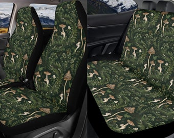 Witchy Fern Forest Car Seat Cover Full Set, Mushroom Boho Front And Back Seat Covers For Vehicle, Steering Wheel Cover, Car Decor Gift
