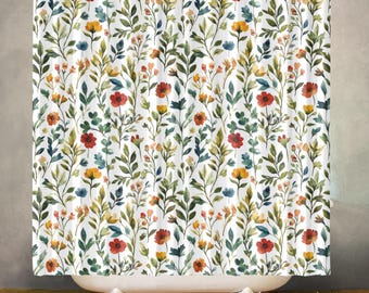 Wildflowers Floral Waterproof Shower Curtain, Cottagecore Bathroom Decor, Polyester Fabric, Machine Washable Bath Curtain, Includes 12 Hooks