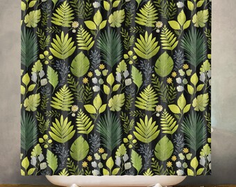 Green Forest Waterproof Shower Curtain, Leaf Botanical Bathroom Decor, Polyester Fabric, Machine Washable Bath Curtain, Includes 12 Hooks