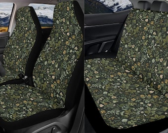 Cottagecore Green Forest Car Seat Cover Full Set, Nature Floral Front And Back Seat Covers For Vehicle, Steering Wheel Cover, Car Decor Gift