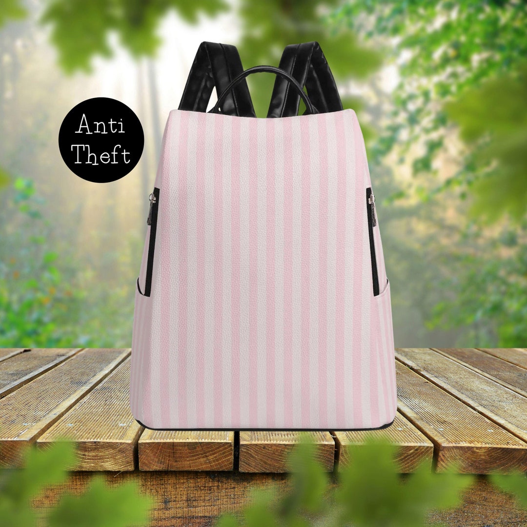 Sticker Rucksack Pink Pink Stripes PU Leather Anti Theft Backpack, Safe Backpack for Woman ...