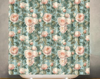 Victorian Rose Floral Waterproof Shower Curtain, Bathroom Decor, Polyester Fabric, Machine Washable Bath Curtain, Includes 12 Hooks