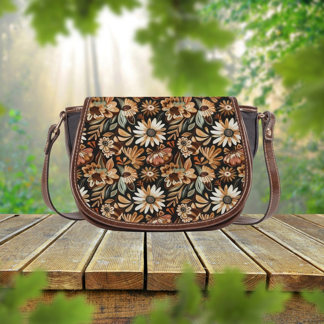 Bolso de sillín floral boho marrón, bolso bandolera floral hippie