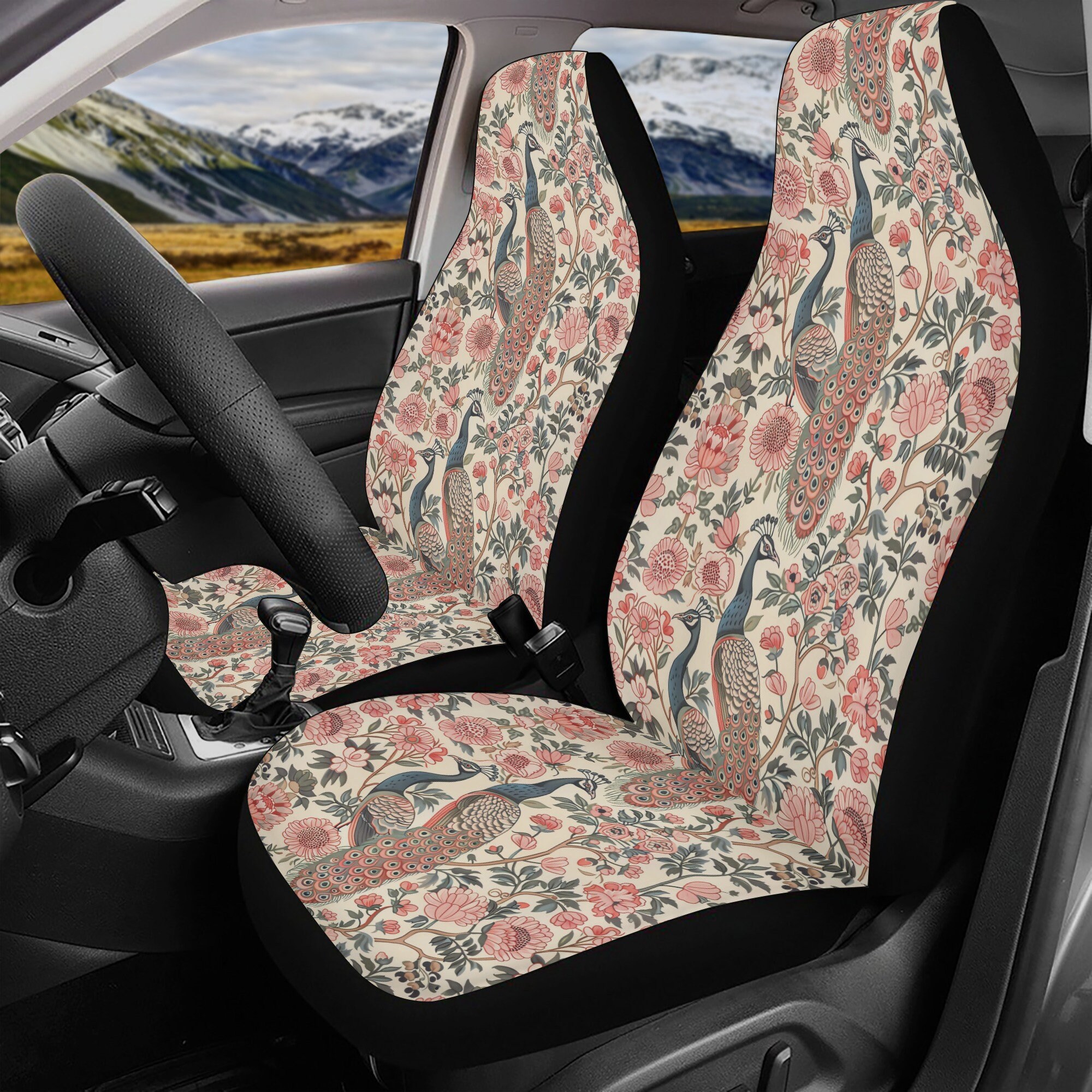 Pink Peacock Floral Car Seat Cover, Car Decor Gift