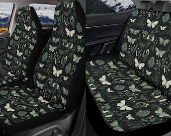 Green Forest Witchy Moth Car Seat Covers Full Set, Dark Cottagecore Front And Back Seat Covers For Vehicle, Steering Wheel Cover, Car Gift