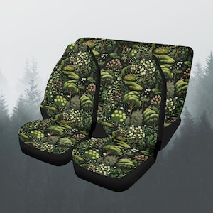 Green Forest Cottagecore Car Seat Covers Full Set, Nature Tree Floral Front And Back Seat Covers For Vehicle, Steering Wheel Cover, Car Gift