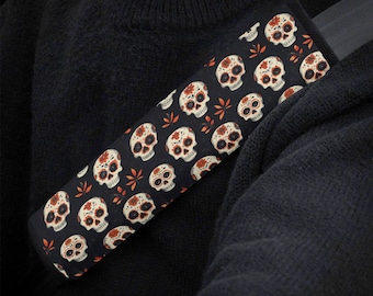 Sugar Skull Floral Car Seat Belt Covers, Dia De Los Muertos Seat Belt Strap Cover, Car Seat Belt Pad, Car Accessories Car Decor Gift