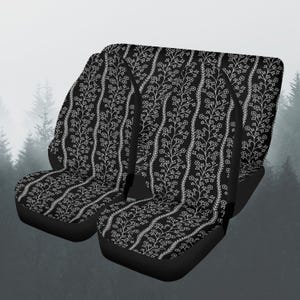 Black And White Wildflowers Car Seat Covers Full Set, Cute Boho Floral Seat Cover For Women, Car Accessories, Steering Wheel Cover, Car Gift