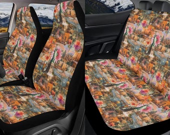 Retro City Landmarks Floral Car Seat Cover Set, Aesthetic Vintage Front And Back Seat Covers For Vehicle, Steering Wheel Cover, Car Gift