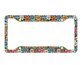 Retro Hippie Floral Car Metal License Plate Frame, Boho Groovy Flower License Plate Holder, Gift For New Driver, Car Decor Accessories Gift
