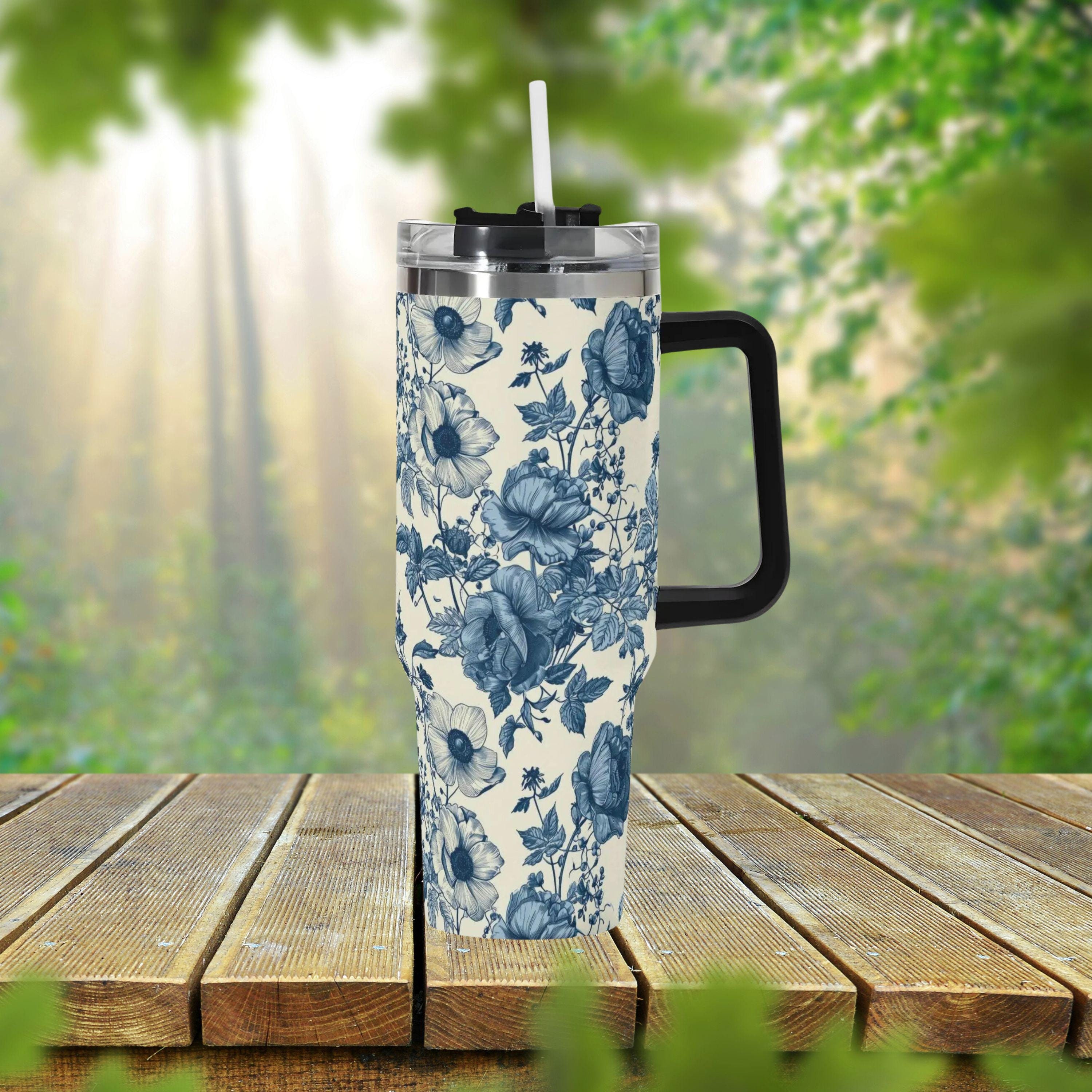 Chinoiserie Flower 40oz Stainless Steel Tumbler With Handle Lid