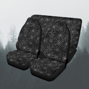 Dark Spider Webs Car Seat Covers Full Set, Spooky Halloween Front And Back Seat Covers For Vehicle, Steering Wheel Cover, Car Decor Gift