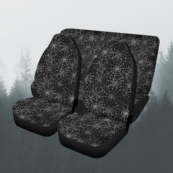 Dark Spider Webs Car Seat Covers Full Set, Spooky Halloween Front And Back Seat Covers For Vehicle, Steering Wheel Cover, Car Decor Gift