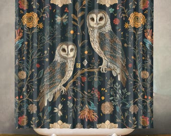 Owl Whimsical Celestial Waterproof Shower Curtain, Bathroom Decor, Polyester Fabric, Machine Washable Bath Curtain, Includes 12 Hooks
